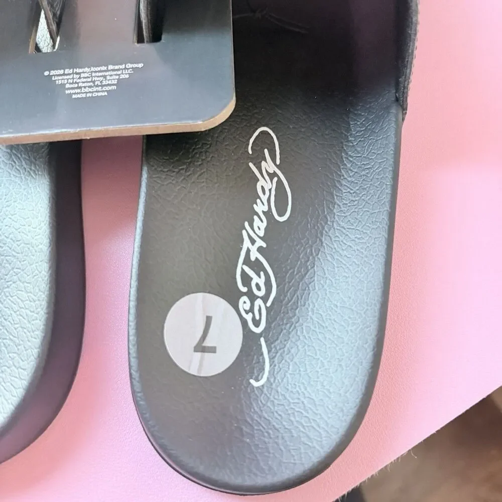 Ed Hardy Eagle-Roses-Tattoo Black Slides/Flip-Flops Size 7 NWT